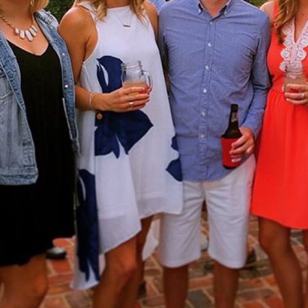 Fun White Summer Dress with Blue Floral